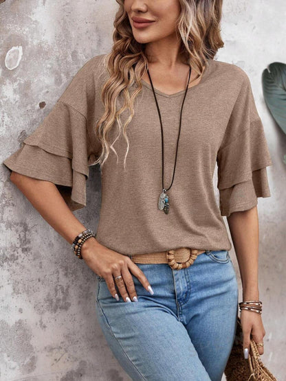 V-Neck Half Sleeve Blouse Womens Tops Mocha S 