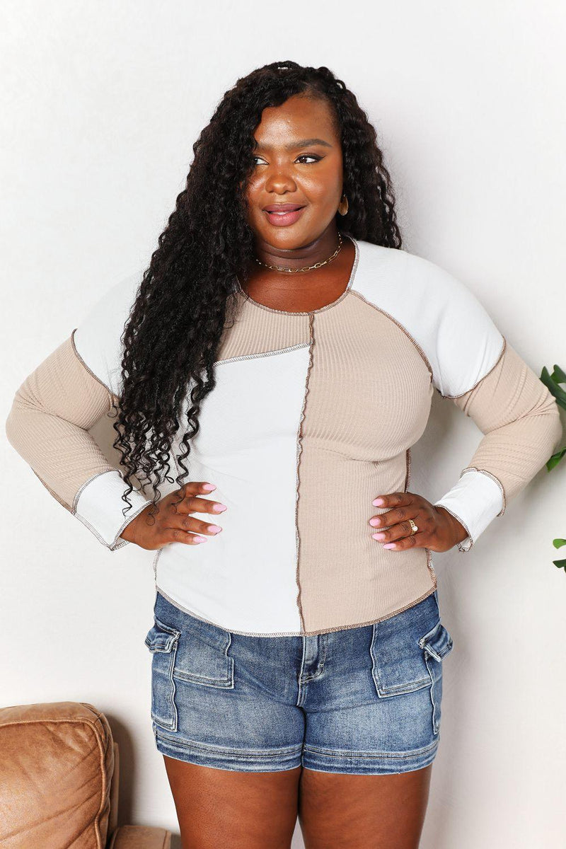 Double Take Color Block Exposed Seam Top - Three Mad Hatters Mercantile 