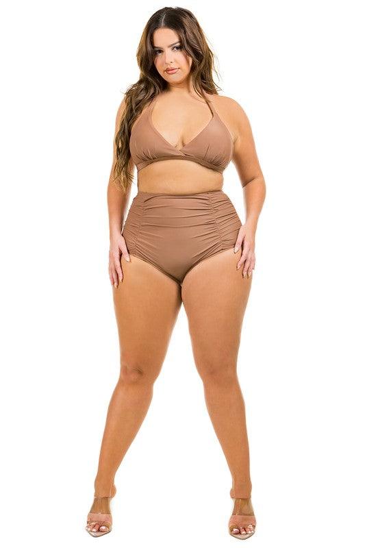 Curvy Two Piece High Waist with Ruched Front - Three Mad Hatters Mercantile 