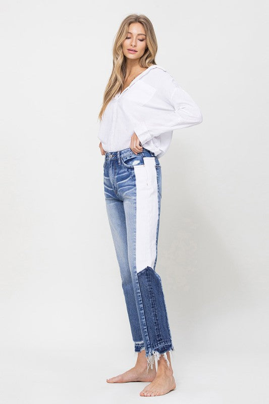 Super HIgh RIse Straight W/Side Blocking Panel Straight Leg Jeans   