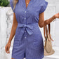 Striped Notched Tie Waist Romper  Blue S 