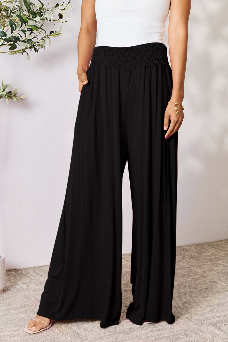 Double Take Full Size Smocked Wide Waistband Wide Leg Pants Womens Lounge Pants Black S 