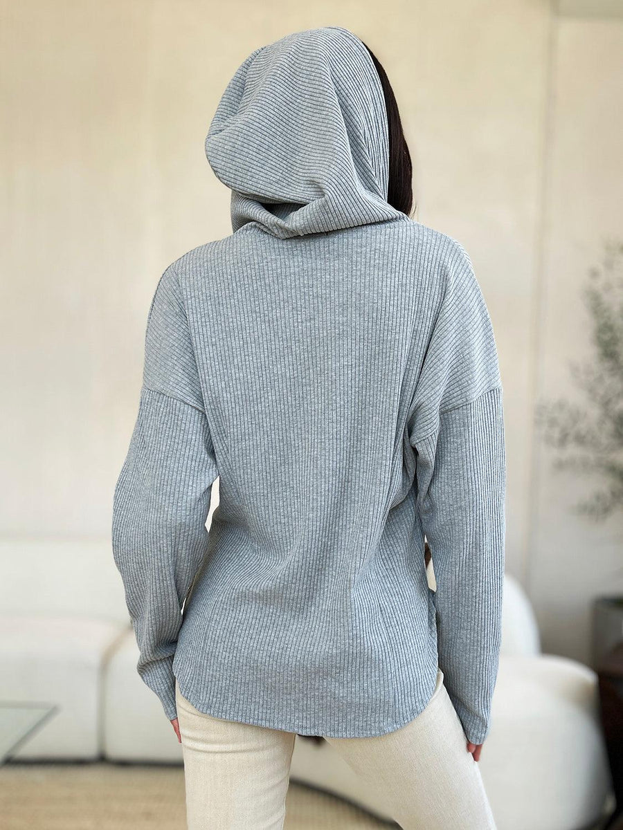 Culture Code Full Size Ribbed Zip Up Drawstring Hooded Jacket - Three Mad Hatters Mercantile 