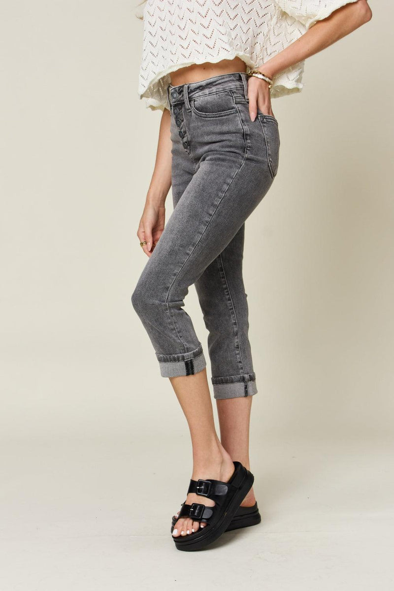 Judy Blue Button Fly High Waist Cuffed Capris - Three Mad Hatters Mercantile 