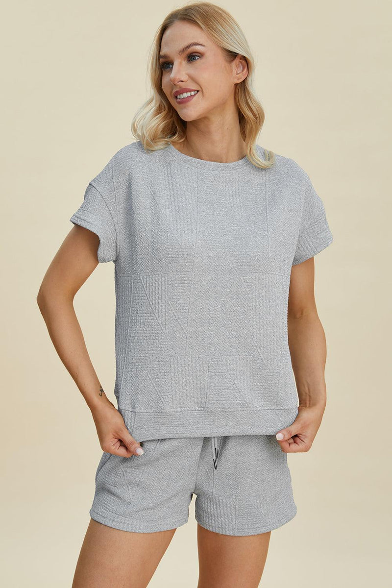 Double Take Full Size Texture Short Sleeve Top and Shorts Set - Three Mad Hatters Mercantile 