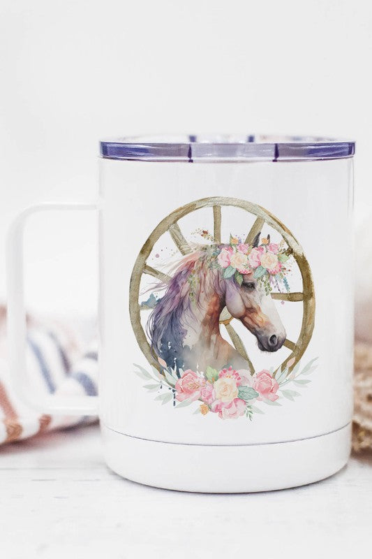 Horse Floral Wheel Stainless Steel Travel Cup  WHITE OS 