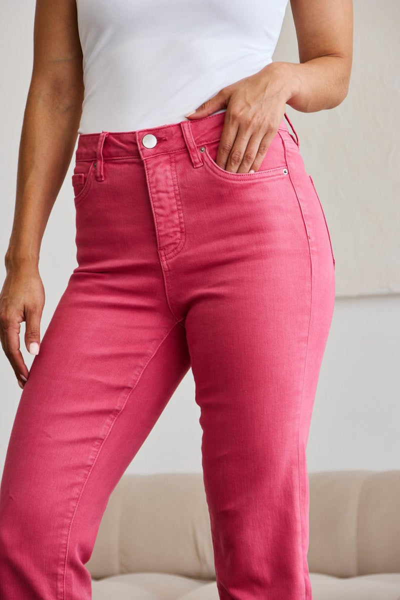 RFM Crop Dylan Tummy Control High Waist Raw Hem Jeans - Three Mad Hatters Mercantile 