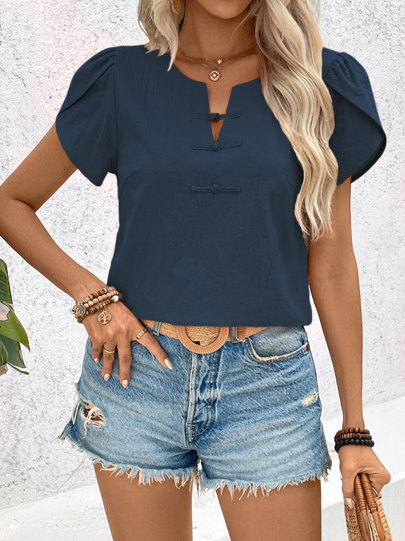 Notched Short Sleeve Blouse    