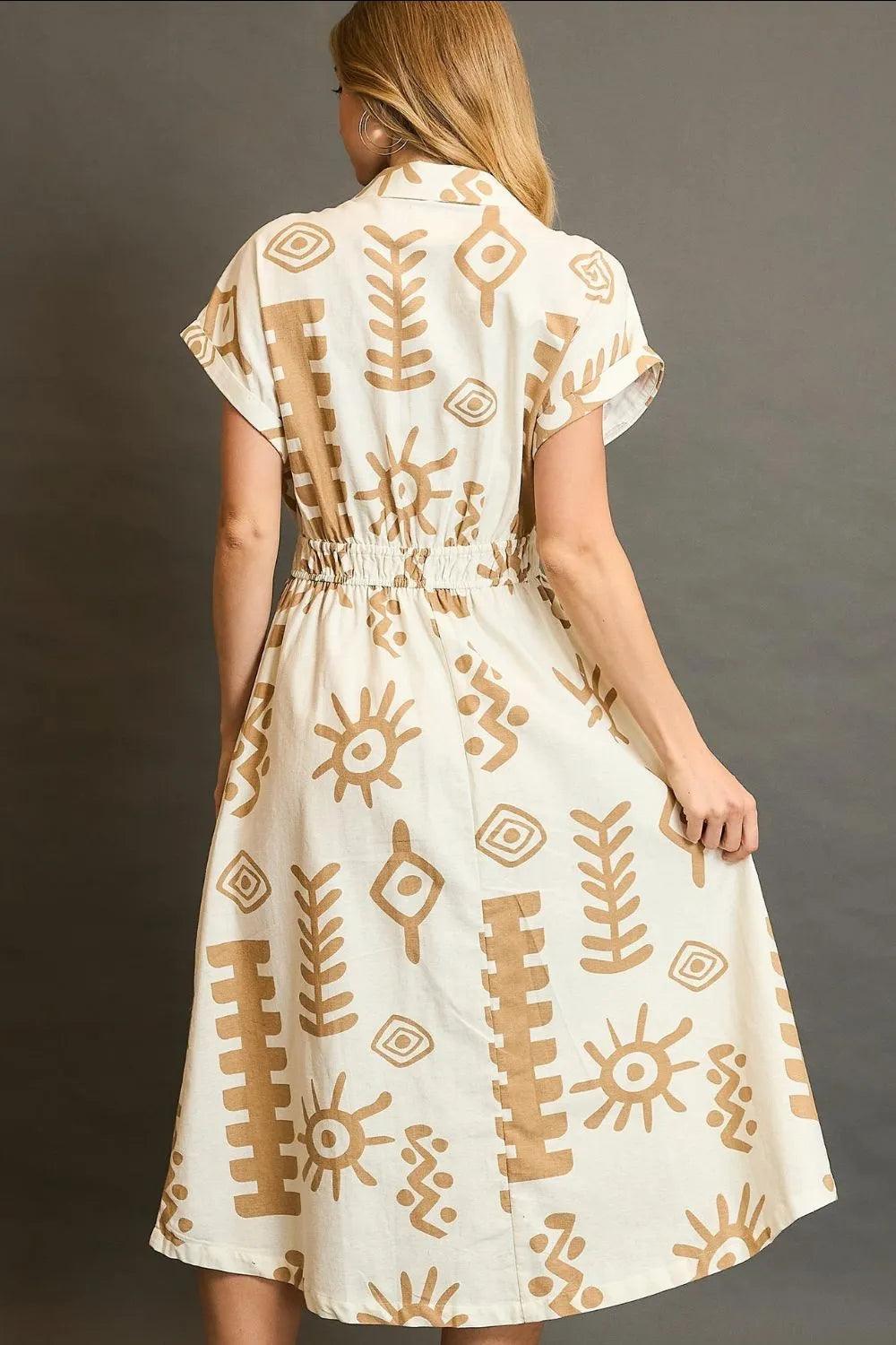Umgee Abstract Print Elastic Waist Midi Dress Plus Size - Three Mad Hatters Mercantile 