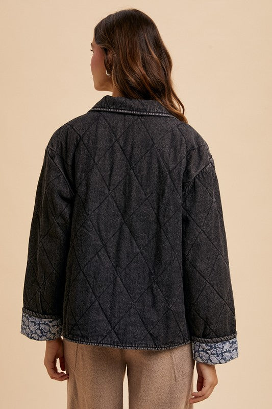 Annie Wear Quilted Printed Lining Snap Down Denim Jacket Quilted Printed Denim Jacket