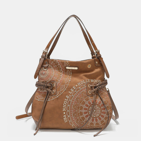 Nicole Lee USA Side Braided Tassel Inlaid Rhinestone Embroidery Hobo Bag    