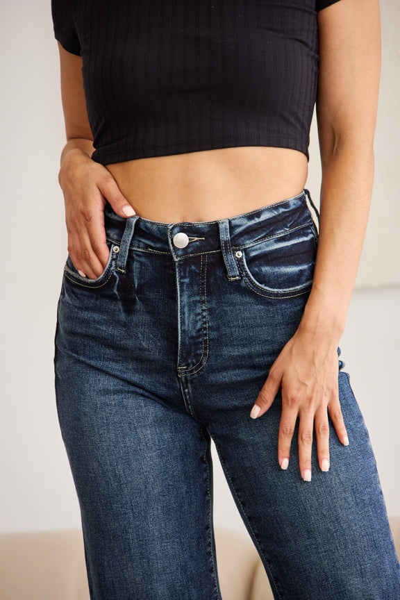 RFM Tummy Control High Waist Raw Hem Jeans Denim   