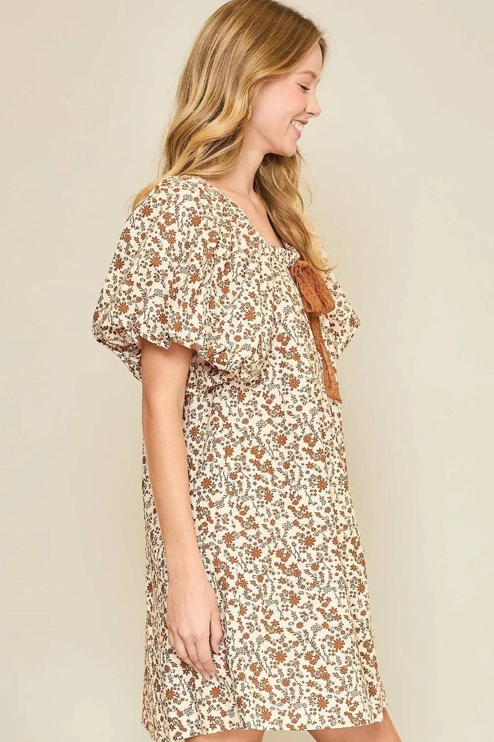 Umgee Lace Tape Drawstring Floral Puff Sleeve Mini Dress Plus Size - Three Mad Hatters Mercantile 