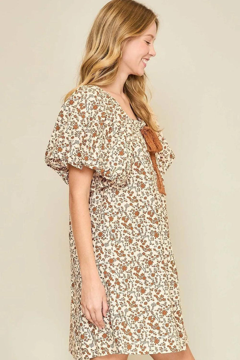 Umgee Lace Tape Drawstring Floral Puff Sleeve Mini Dress Plus Size - Three Mad Hatters Mercantile 