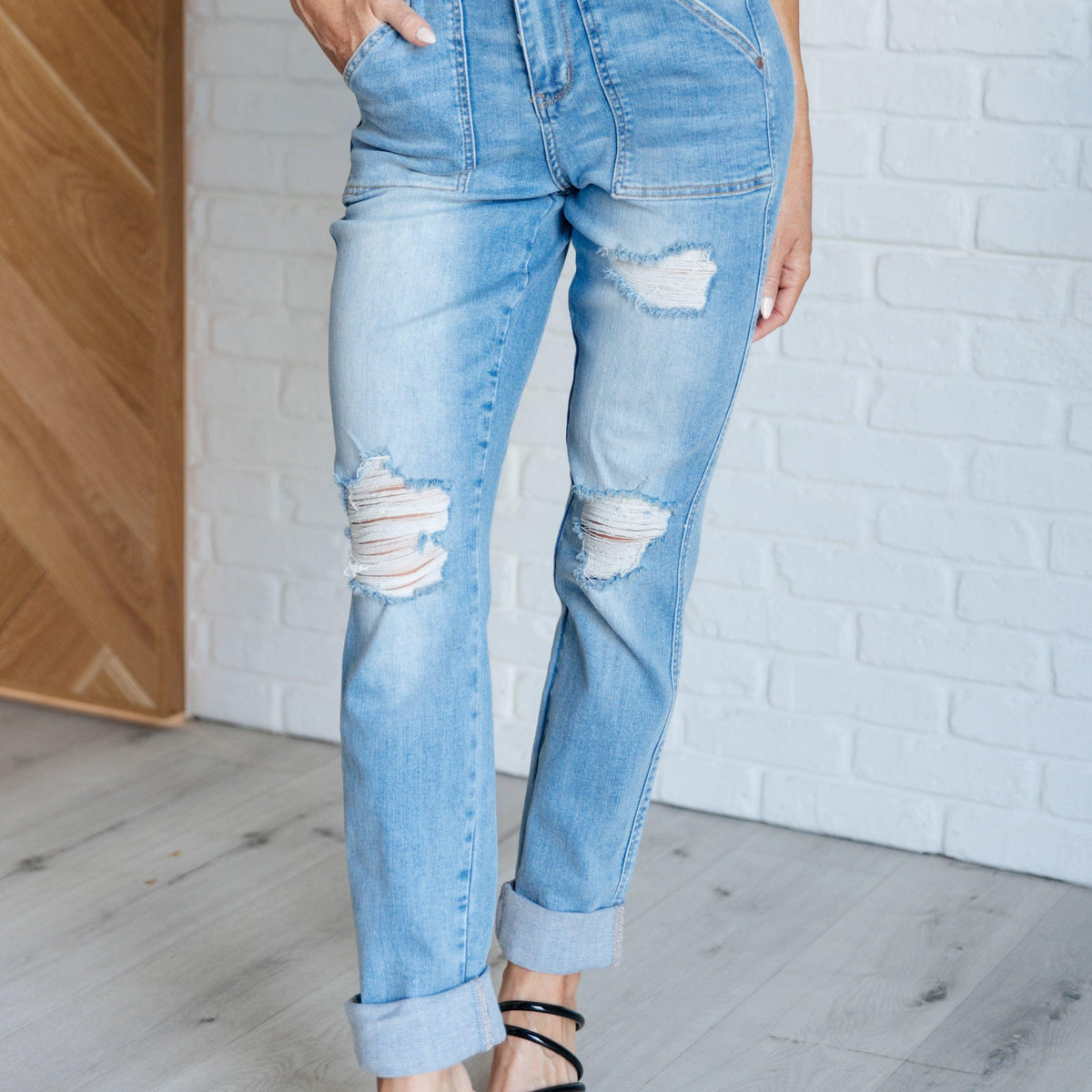 Aiden High Rise Patch Pocket Distressed Boyfriend Jeans - Three Mad Hatters Mercantile 