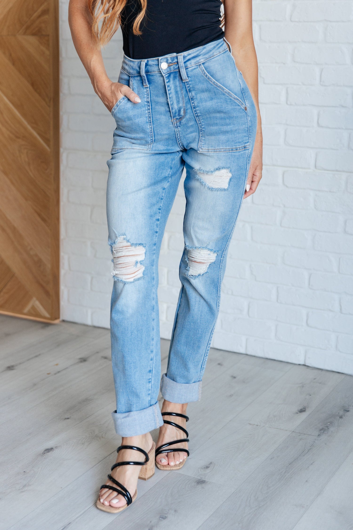 Aiden High Rise Patch Pocket Distressed Boyfriend Jeans Womens Jeans   