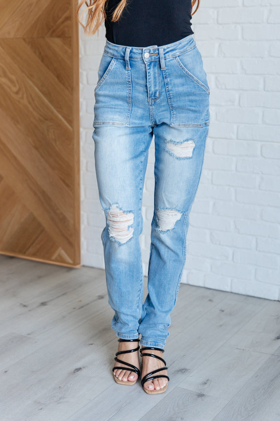 Aiden High Rise Patch Pocket Distressed Boyfriend Jeans Womens Jeans   