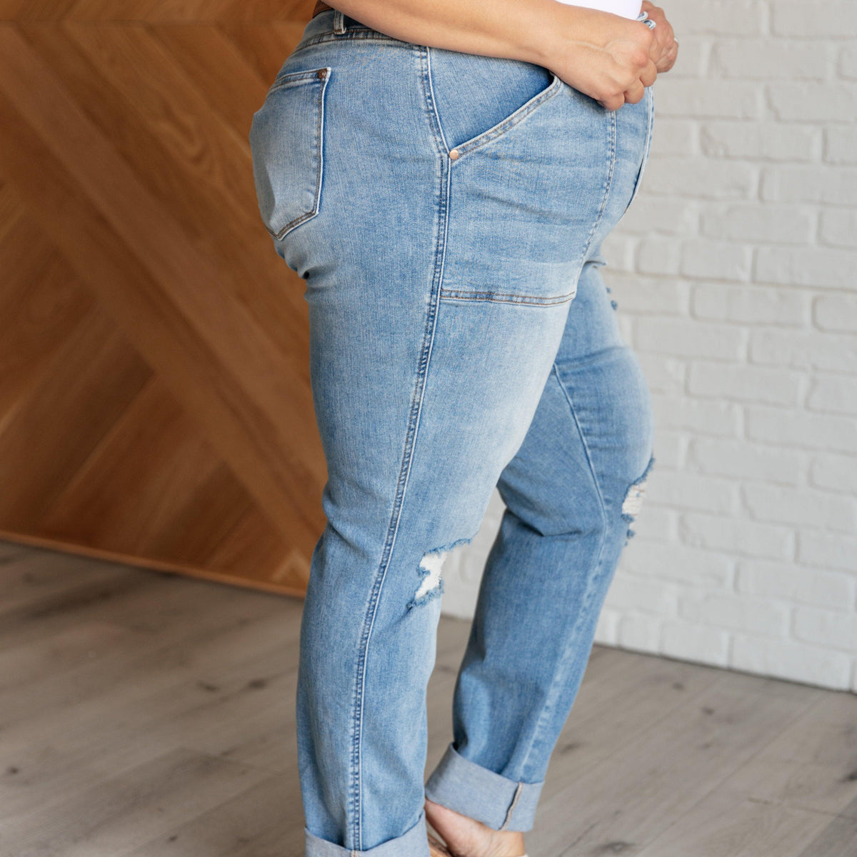 Aiden High Rise Patch Pocket Distressed Boyfriend Jeans - Three Mad Hatters Mercantile 