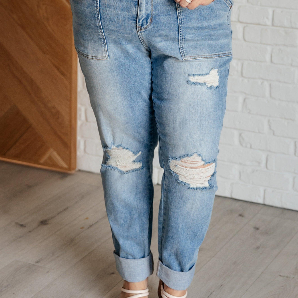 Aiden High Rise Patch Pocket Distressed Boyfriend Jeans - Three Mad Hatters Mercantile 