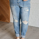 Aiden High Rise Patch Pocket Distressed Boyfriend Jeans