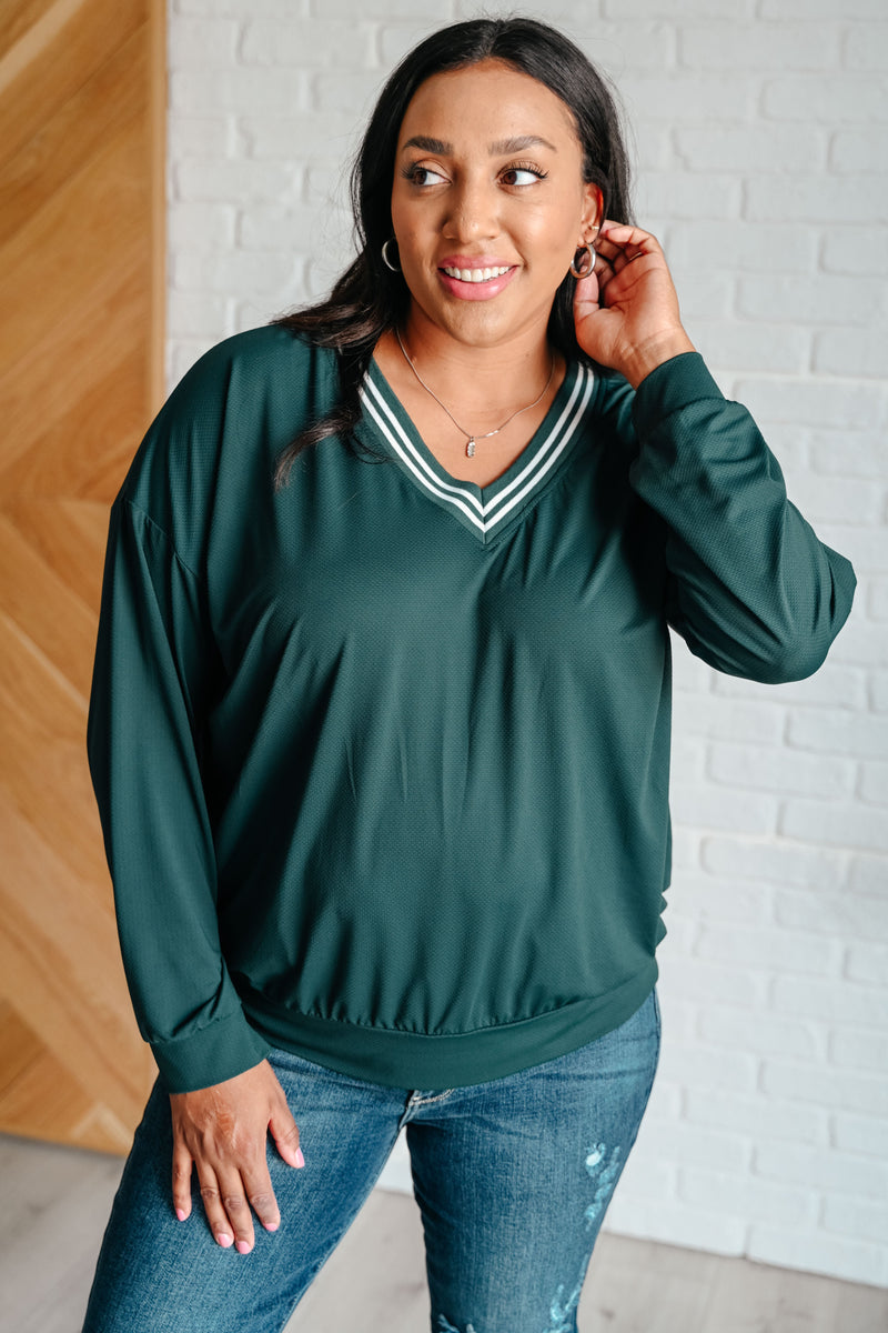 All Out Comfort V-Neck Pullover in Midnight Green Womens Tops   