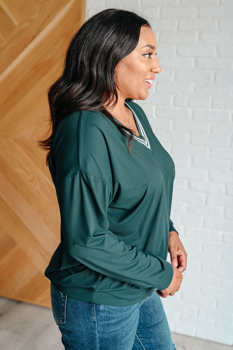 All Out Comfort V-Neck Pullover in Midnight Green Womens Tops   