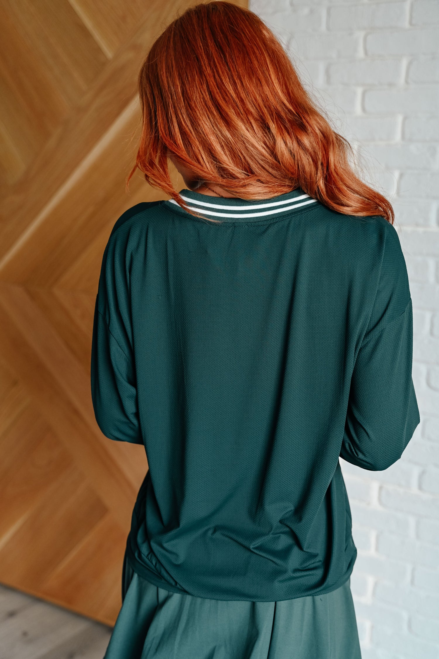 All Out Comfort V-Neck Pullover in Midnight Green Womens Tops   