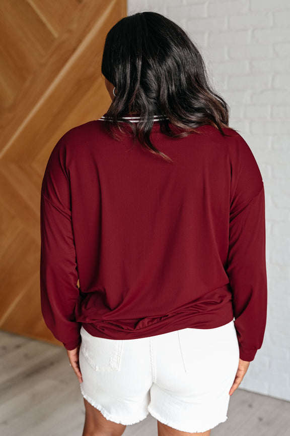 All Out Comfort V-Neck Pullover in Red Merlot Womens Tops   