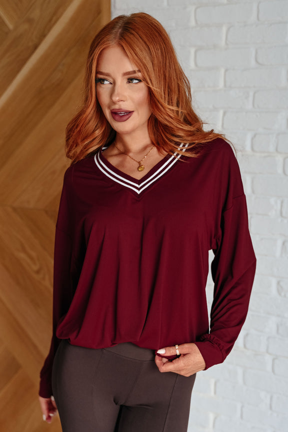 All Out Comfort V-Neck Pullover in Red Merlot Womens Tops   