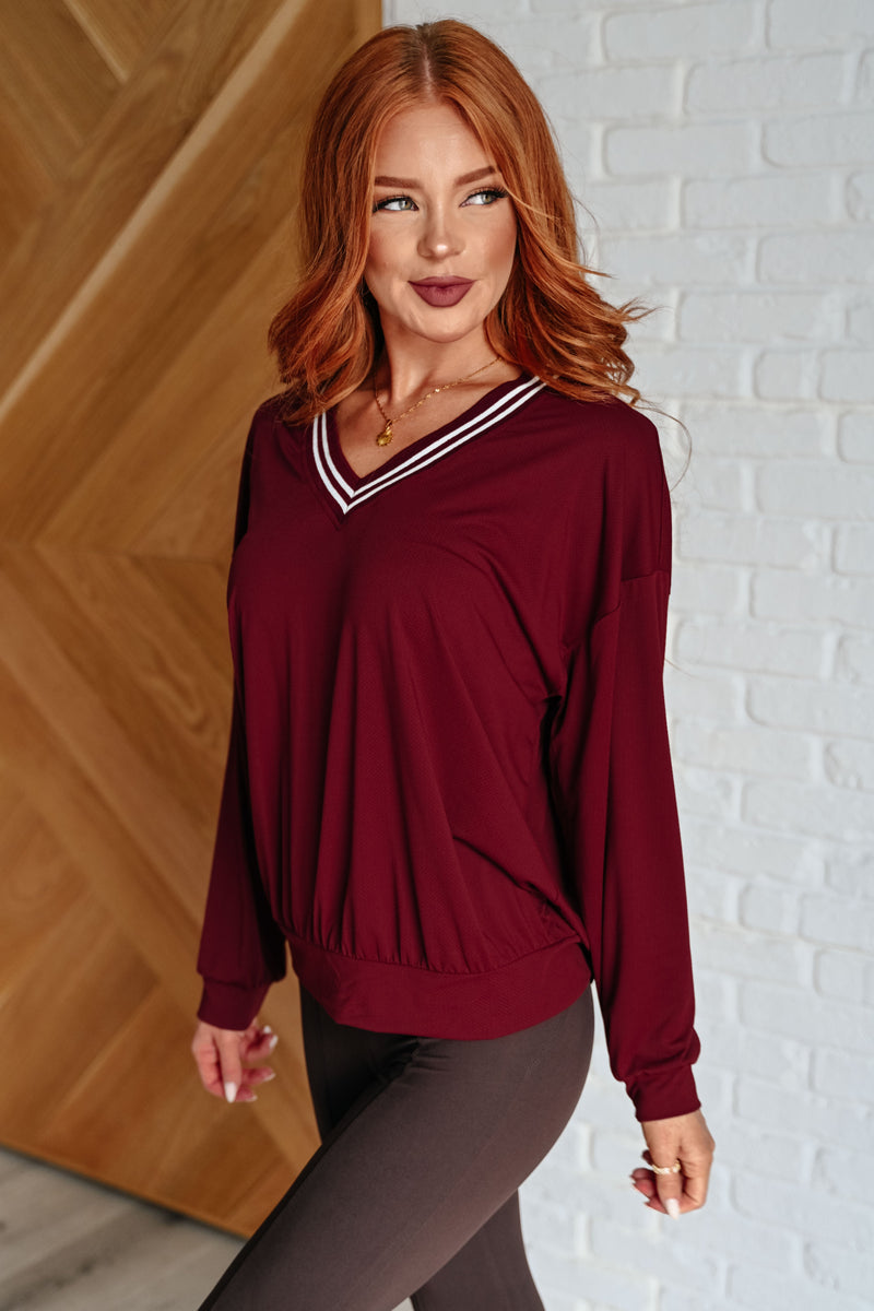 All Out Comfort V-Neck Pullover in Red Merlot Womens Tops   