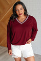 All Out Comfort V-Neck Pullover in Red Merlot Womens Tops   