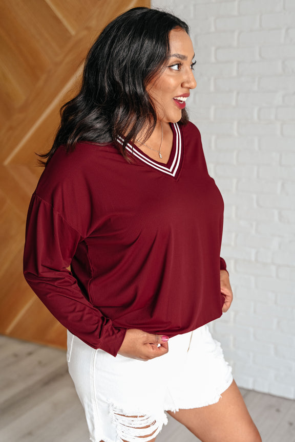 All Out Comfort V-Neck Pullover in Red Merlot Womens Tops   