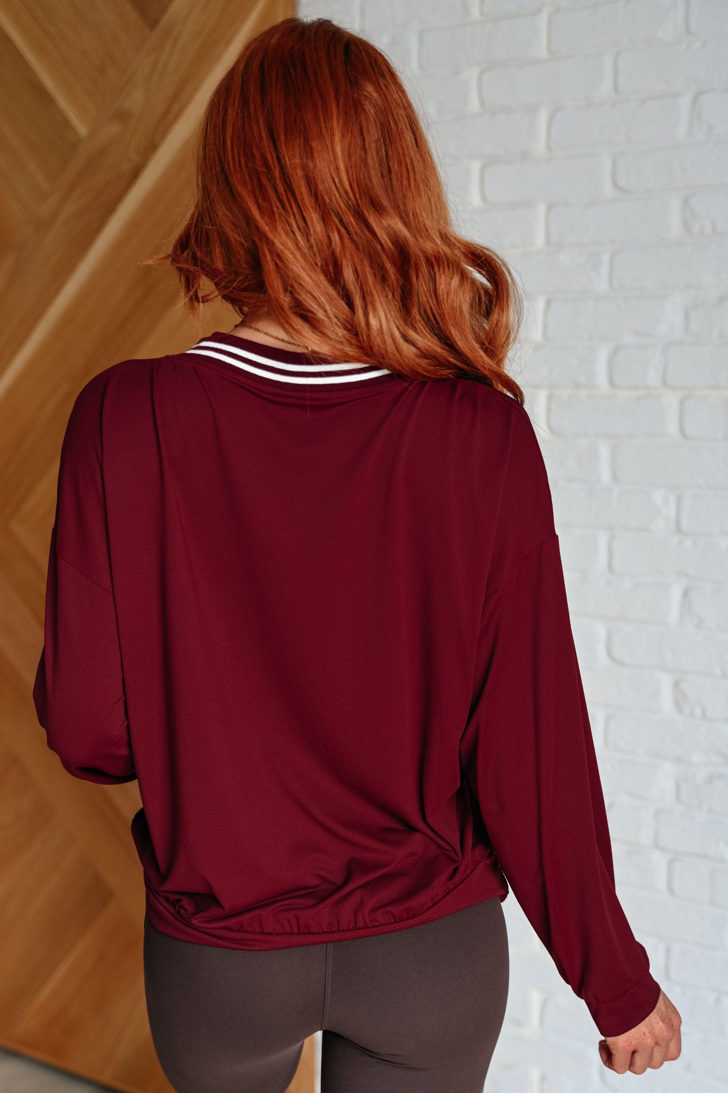 All Out Comfort V-Neck Pullover in Red Merlot Womens Tops   