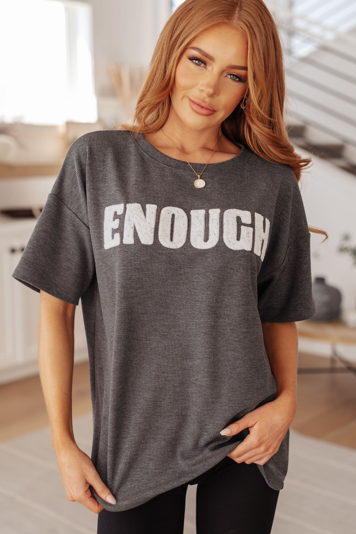 Always Enough Graphic Tee in Charcoal Womens Tops   