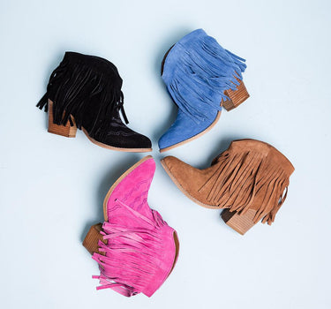 Amos Fringe Ankle Bootie in Blue Suede