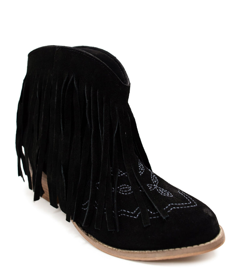 Amos Fringe Ankle Bootie in Black Suede Shoes   