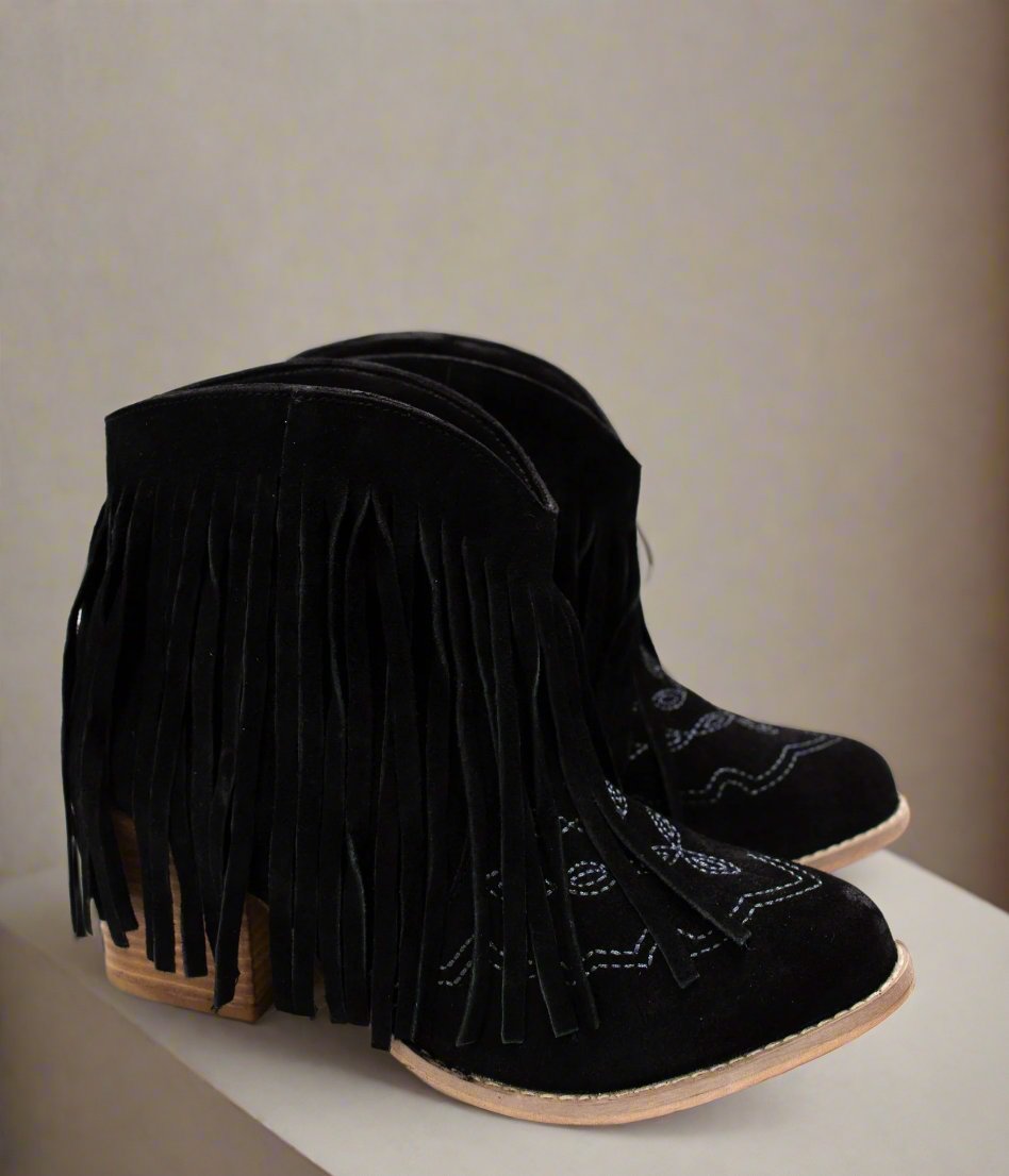 Amos Fringe Ankle Bootie in Black Suede Shoes   