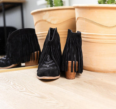 Amos Fringe Ankle Bootie in Magenta Suede