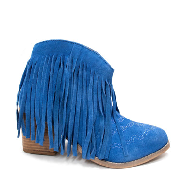 Amos Fringe Ankle Bootie in Blue Suede