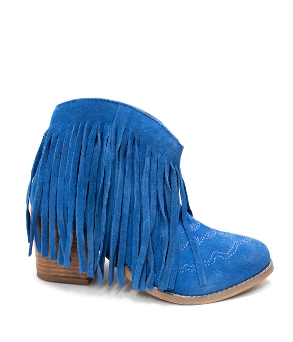 Amos Fringe Ankle Bootie in Blue Suede Shoes   