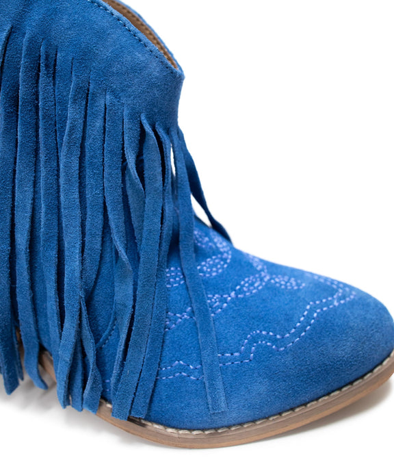 Amos Fringe Ankle Bootie in Blue Suede Shoes   