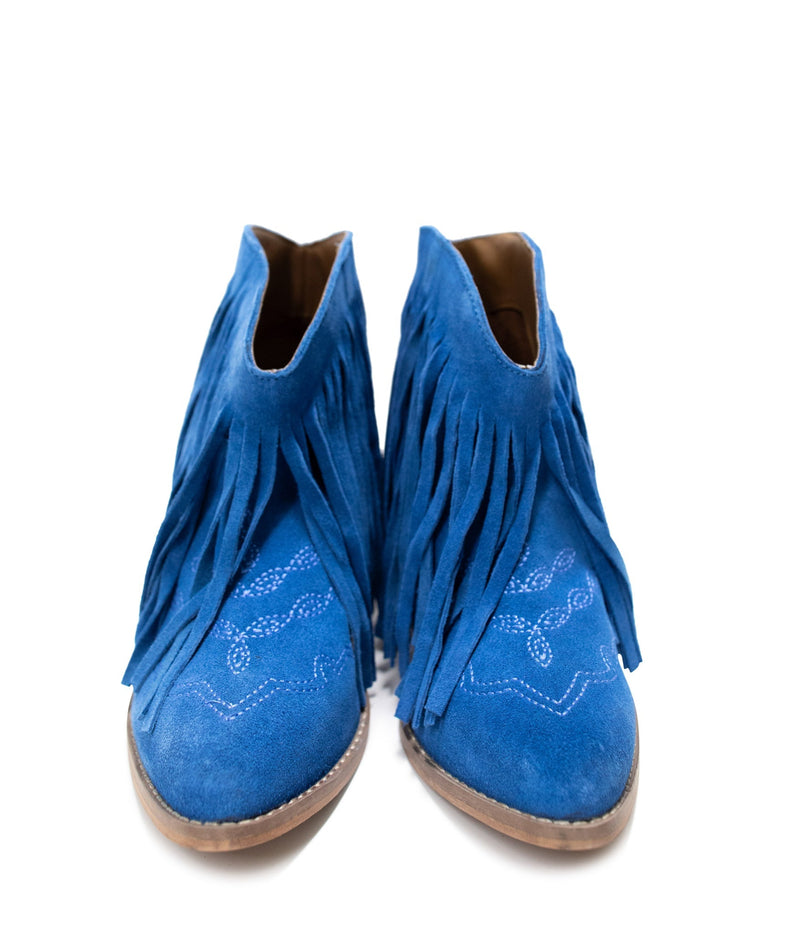 Amos Fringe Ankle Bootie in Blue Suede Shoes   