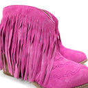 Amos Fringe Ankle Bootie in Magenta Suede