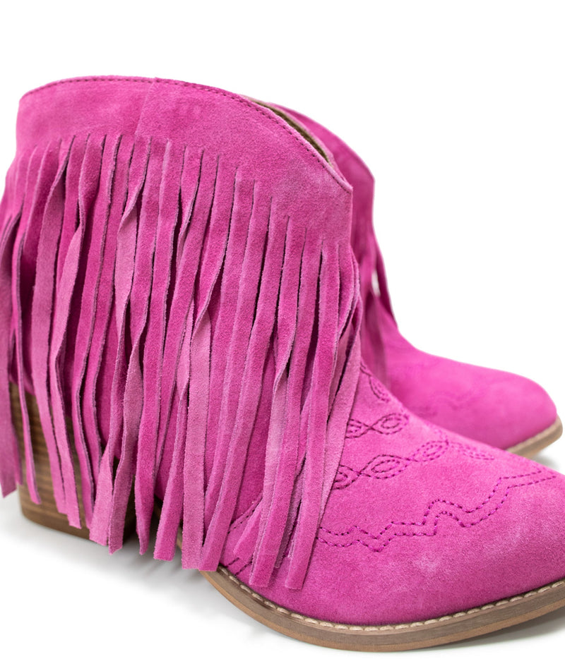 Amos Fringe Ankle Bootie in Magenta Suede Shoes   