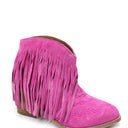 Amos Fringe Ankle Bootie in Magenta Suede
