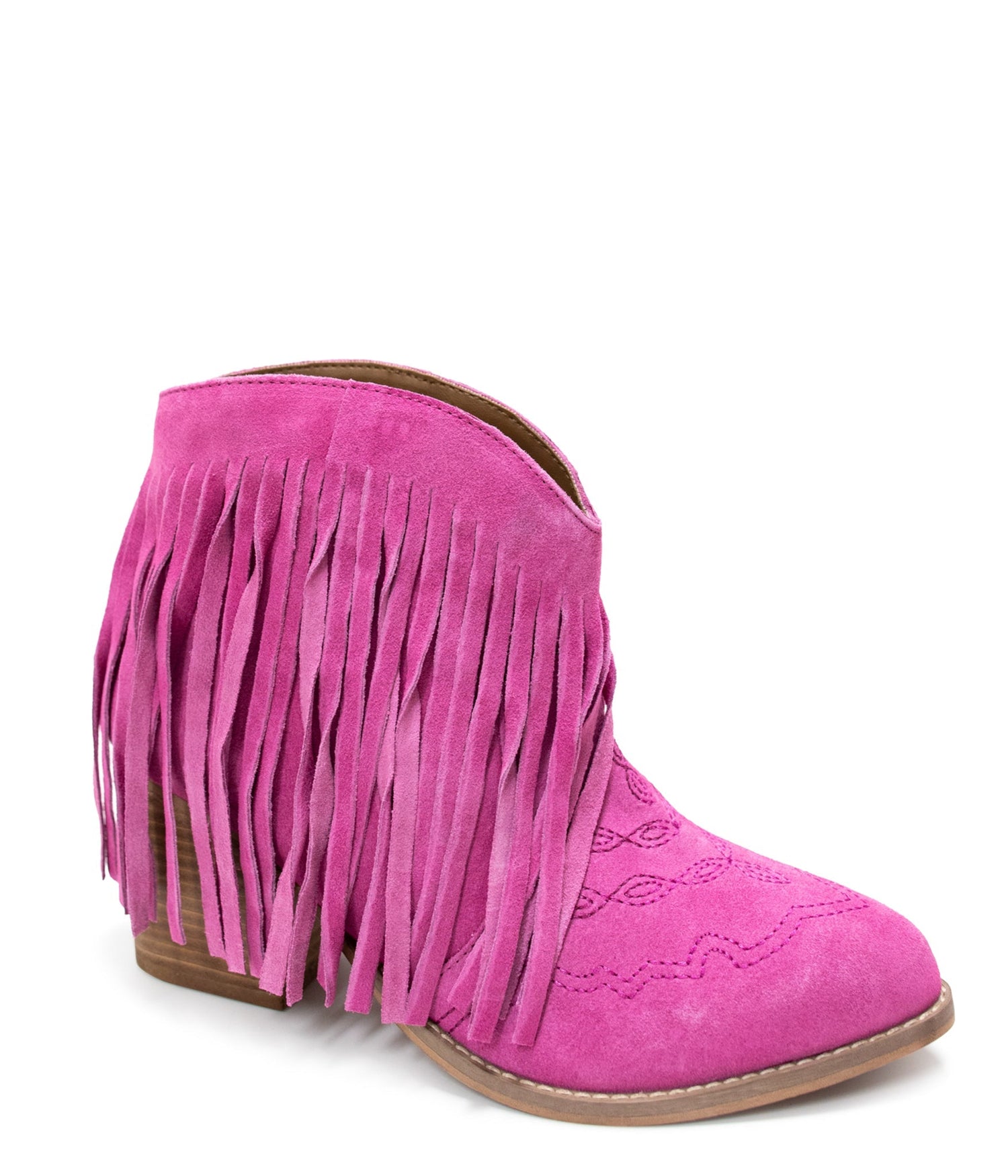 Amos Fringe Ankle Bootie in Magenta Suede Shoes   