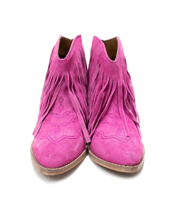 Amos Fringe Ankle Bootie in Magenta Suede Shoes   