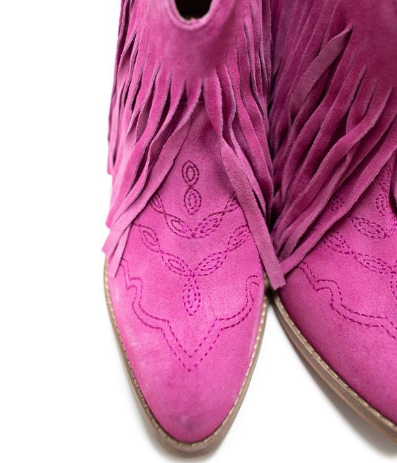 Amos Fringe Ankle Bootie in Magenta Suede Shoes   