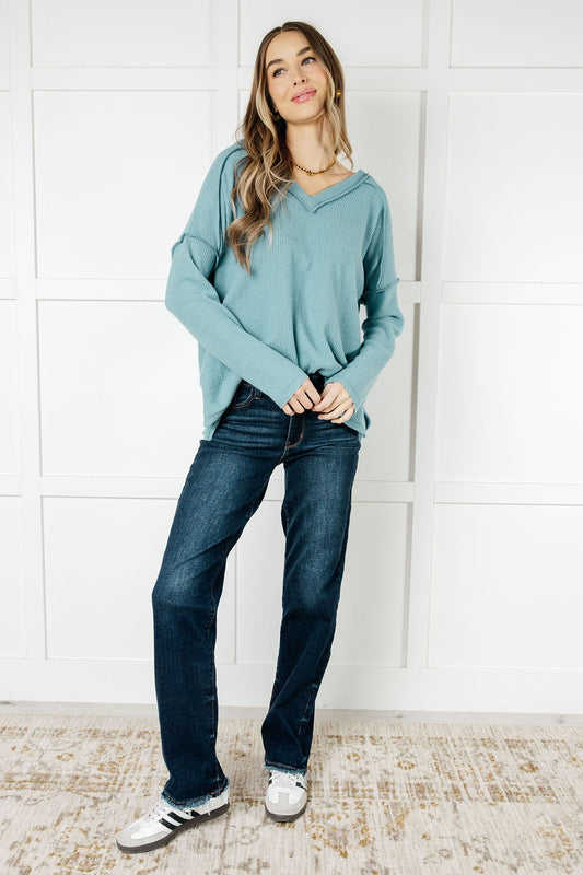 Basically Freezing Brushed Hacci Top in Dusty Teal Tops