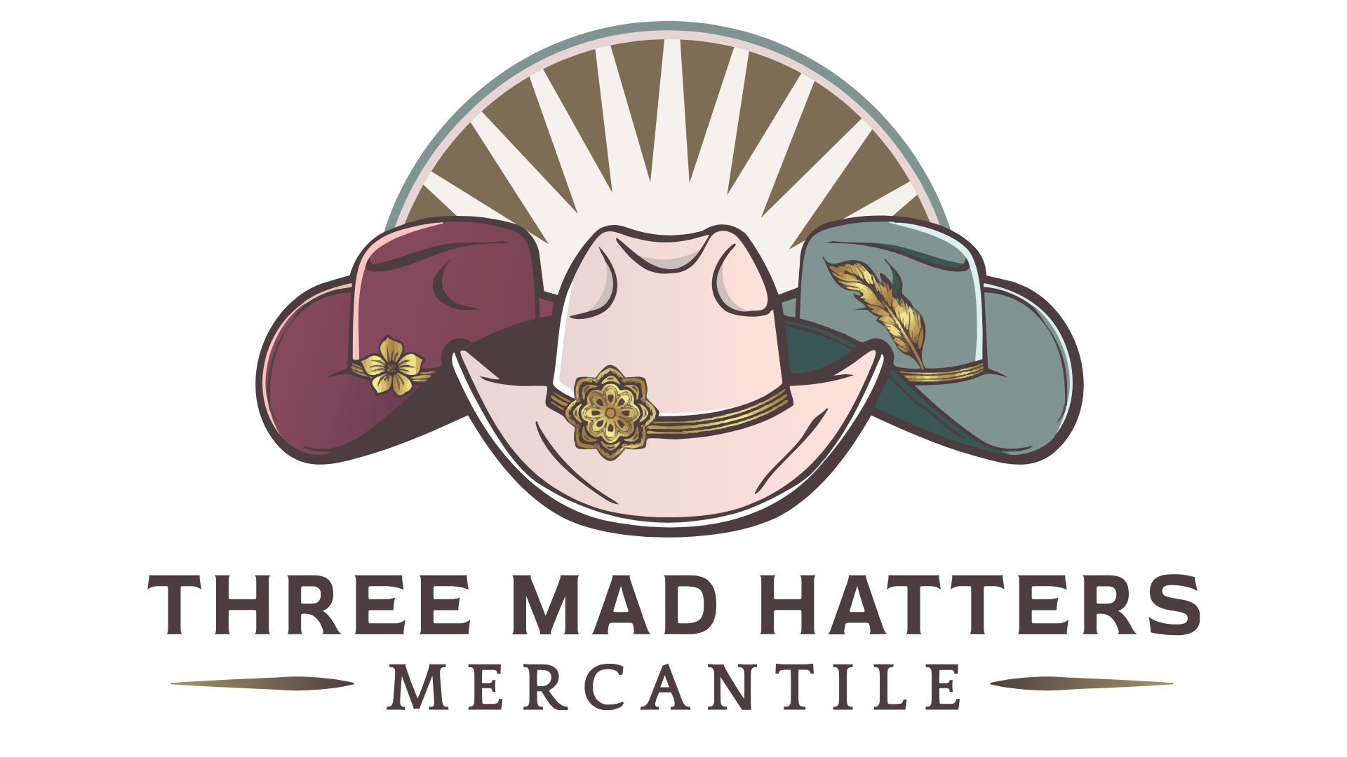 Logo of Three Mad Hatters Mercantile with hats and sunburst design on a white background